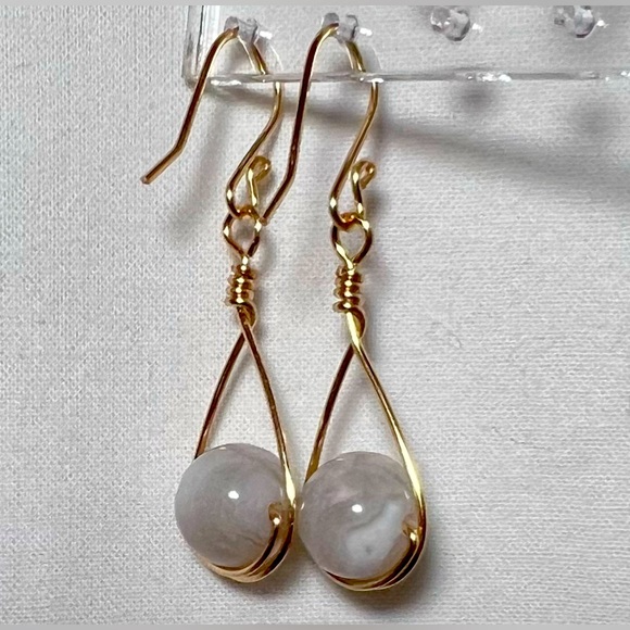 Wire Wrapped White Marble Agate Teardrop Earrings - Picture 3 of 4